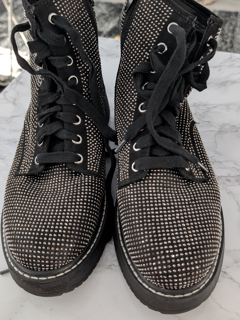 Madden NYC Black Rhinestone Lace-Up Combat Boots - Women's Size 10